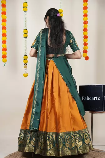 Beautiful South Indian Style Semi-Stitched Half Saree with Embroidered Blouse and Rangoli Dupatta for Women
