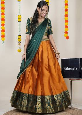Beautiful South Indian Style Semi-Stitched Half Saree with Embroidered Blouse and Rangoli Dupatta for Women 3
