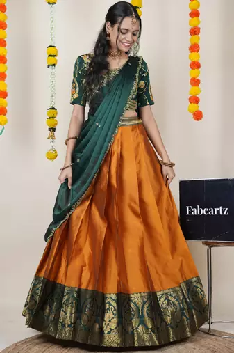 Beautiful South Indian Style Semi-Stitched Half Saree with Embroidered Blouse and Rangoli Dupatta for Women