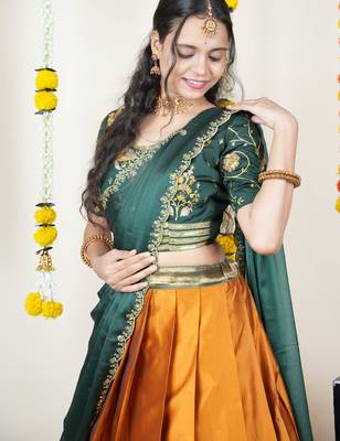 Beautiful South Indian Style Semi-Stitched Half Saree with Embroidered Blouse and Rangoli Dupatta for Women 4