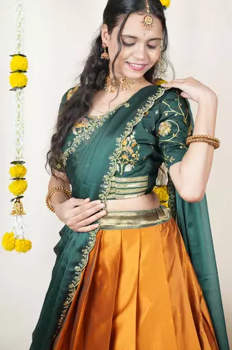 Beautiful South Indian Style Semi-Stitched Half Saree with Embroidered Blouse and Rangoli Dupatta for Women