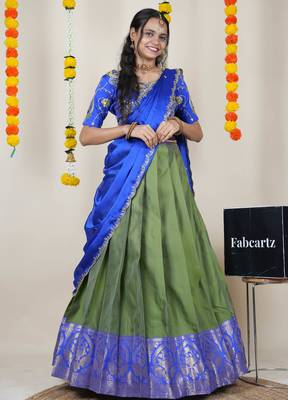 Beautiful South Indian Style Semi-Stitched Half Saree with Embroidered Blouse and Rangoli Dupatta for Women 1