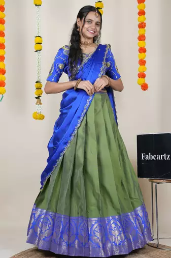 Beautiful South Indian Style Semi-Stitched Half Saree with Embroidered Blouse and Rangoli Dupatta for Women