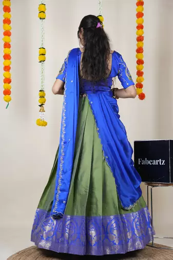 Beautiful South Indian Style Semi-Stitched Half Saree with Embroidered Blouse and Rangoli Dupatta for Women