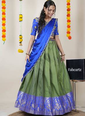 Beautiful South Indian Style Semi-Stitched Half Saree with Embroidered Blouse and Rangoli Dupatta for Women 3
