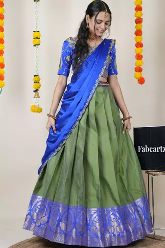 Beautiful South Indian Style Semi-Stitched Half Saree with Embroidered Blouse and Rangoli Dupatta for Women