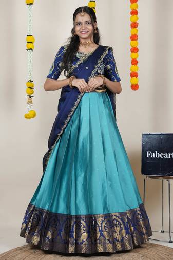 Beautiful South Indian Style Semi-Stitched Half Saree with Embroidered Blouse and Rangoli Dupatta for Women