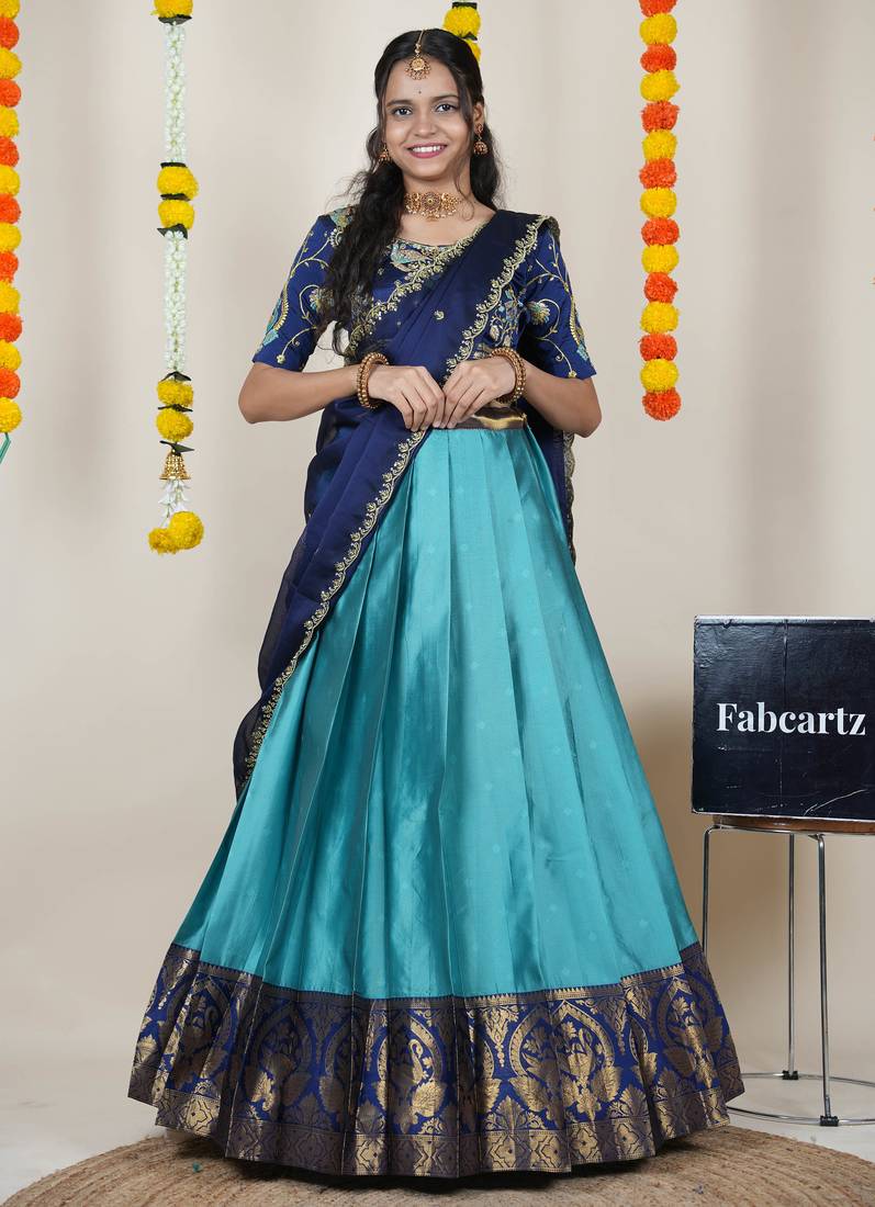 Beautiful South Indian Style Semi-Stitched Half Saree with Embroidered Blouse and Rangoli Dupatta for Women