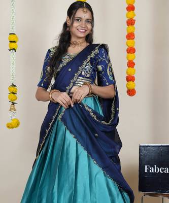 Beautiful South Indian Style Semi-Stitched Half Saree with Embroidered Blouse and Rangoli Dupatta for Women 3
