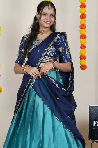 Beautiful South Indian Style Semi-Stitched Half Saree with Embroidered Blouse and Rangoli Dupatta for Women