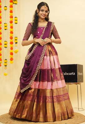Beautiful South Indian Style Semi-Stitched Half Saree with Embroidered Blouse and Rangoli Dupatta for Women 1