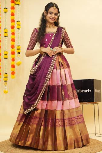 Beautiful South Indian Style Semi-Stitched Half Saree with Embroidered Blouse and Rangoli Dupatta for Women