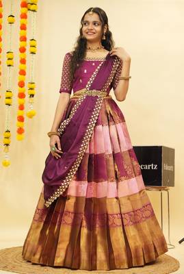 Beautiful South Indian Style Semi-Stitched Half Saree with Embroidered Blouse and Rangoli Dupatta for Women 3