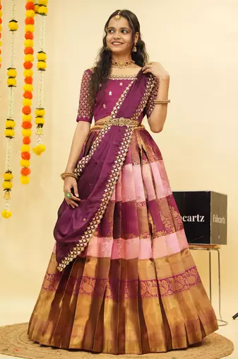 Beautiful South Indian Style Semi-Stitched Half Saree with Embroidered Blouse and Rangoli Dupatta for Women