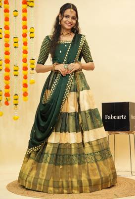 Beautiful South Indian Style Semi-Stitched Half Saree with Embroidered Blouse and Rangoli Dupatta for Women 1