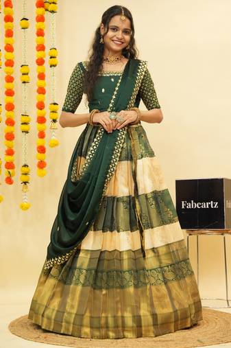 Beautiful South Indian Style Semi-Stitched Half Saree with Embroidered Blouse and Rangoli Dupatta for Women