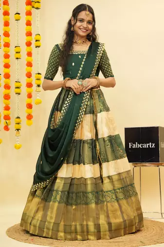 Beautiful South Indian Style Semi-Stitched Half Saree with Embroidered Blouse and Rangoli Dupatta for Women