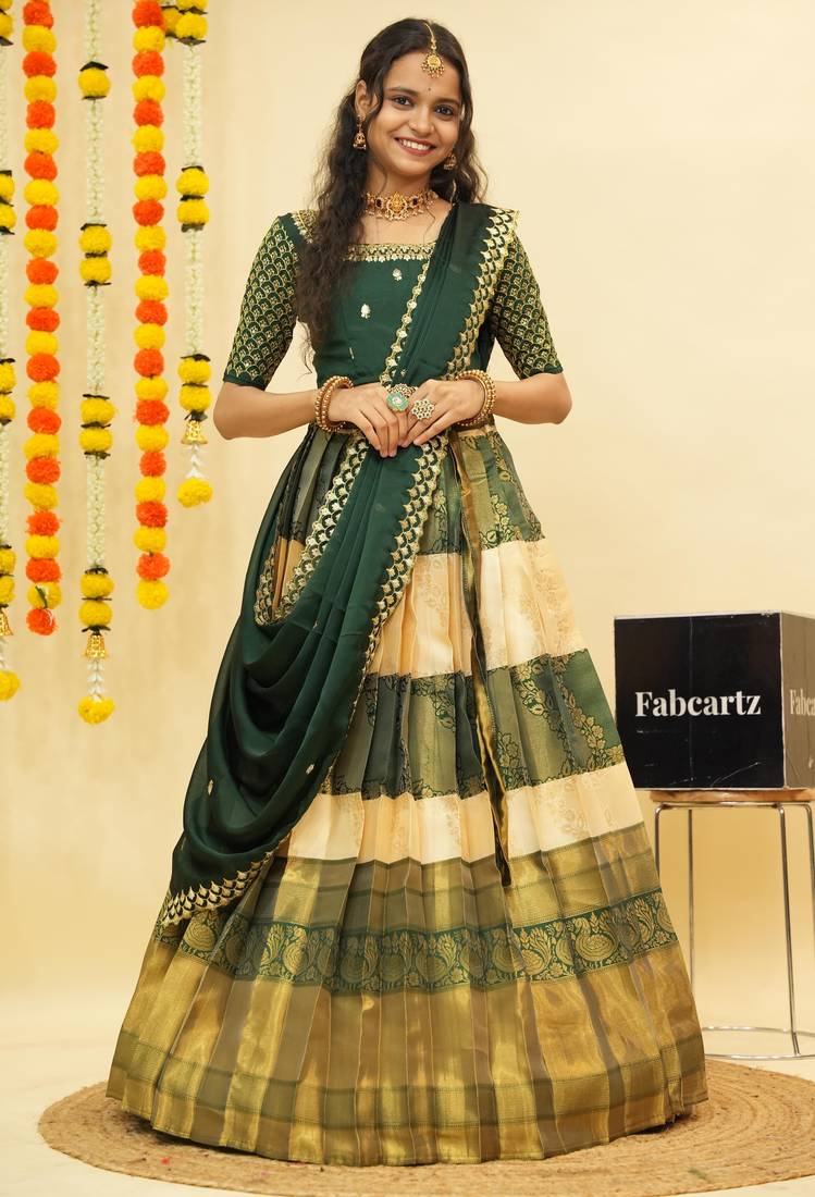 Beautiful South Indian Style Semi-Stitched Half Saree with Embroidered Blouse and Rangoli Dupatta for Women