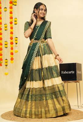 Beautiful South Indian Style Semi-Stitched Half Saree with Embroidered Blouse and Rangoli Dupatta for Women 3