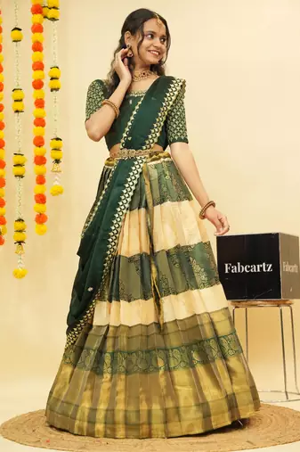 Beautiful South Indian Style Semi-Stitched Half Saree with Embroidered Blouse and Rangoli Dupatta for Women