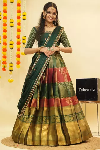 Beautiful South Indian Style Semi-Stitched Half Saree with Embroidered Blouse and Rangoli Dupatta for Women