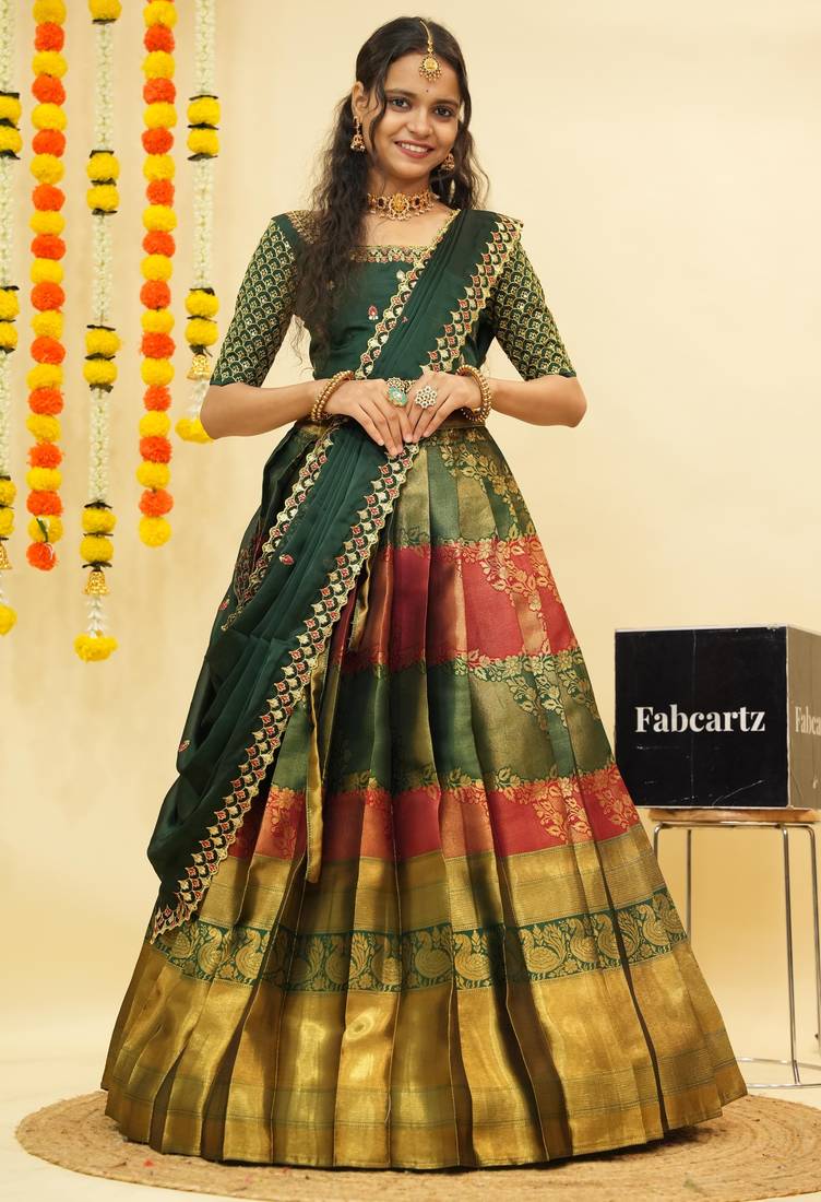 Beautiful South Indian Style Semi-Stitched Half Saree with Embroidered Blouse and Rangoli Dupatta for Women