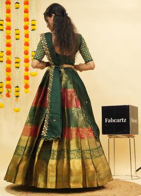 Beautiful South Indian Style Semi-Stitched Half Saree with Embroidered Blouse and Rangoli Dupatta for Women 2