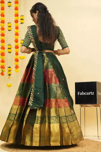 Beautiful South Indian Style Semi-Stitched Half Saree with Embroidered Blouse and Rangoli Dupatta for Women