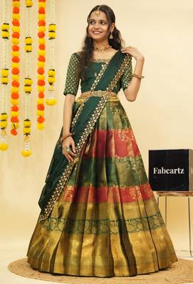 Beautiful South Indian Style Semi-Stitched Half Saree with Embroidered Blouse and Rangoli Dupatta for Women 3