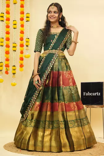 Beautiful South Indian Style Semi-Stitched Half Saree with Embroidered Blouse and Rangoli Dupatta for Women