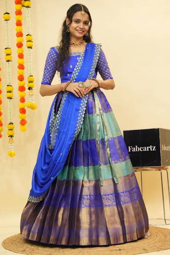 Beautiful South Indian Style Semi-Stitched Half Saree with Embroidered Blouse and Rangoli Dupatta for Women