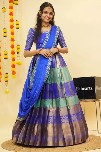 Beautiful South Indian Style Semi-Stitched Half Saree with Embroidered Blouse and Rangoli Dupatta for Women
