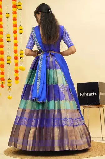 Beautiful South Indian Style Semi-Stitched Half Saree with Embroidered Blouse and Rangoli Dupatta for Women