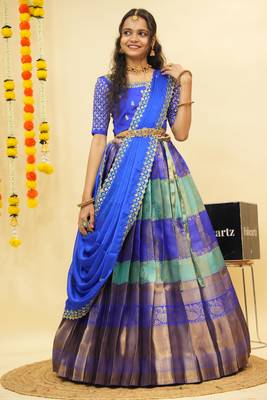 Beautiful South Indian Style Semi-Stitched Half Saree with Embroidered Blouse and Rangoli Dupatta for Women 3