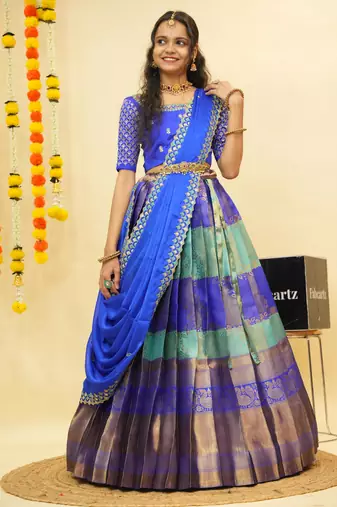 Beautiful South Indian Style Semi-Stitched Half Saree with Embroidered Blouse and Rangoli Dupatta for Women