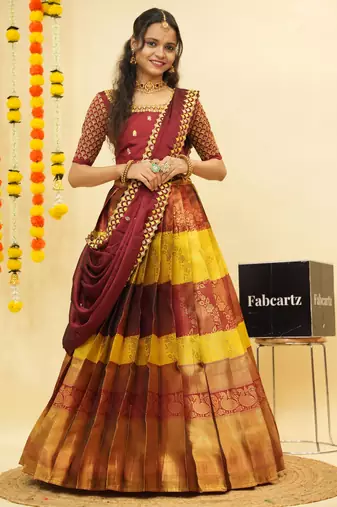 Beautiful South Indian Style Semi-Stitched Half Saree with Embroidered Blouse and Rangoli Dupatta for Women