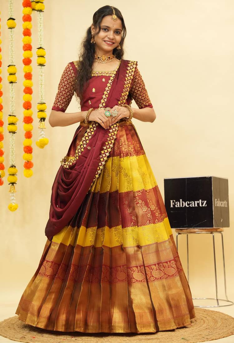 Beautiful South Indian Style Semi-Stitched Half Saree with Embroidered Blouse and Rangoli Dupatta for Women