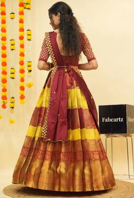 Beautiful South Indian Style Semi-Stitched Half Saree with Embroidered Blouse and Rangoli Dupatta for Women 2