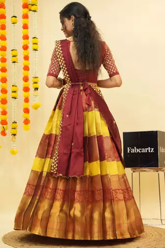 Beautiful South Indian Style Semi-Stitched Half Saree with Embroidered Blouse and Rangoli Dupatta for Women