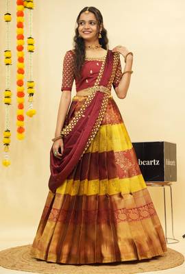 Beautiful South Indian Style Semi-Stitched Half Saree with Embroidered Blouse and Rangoli Dupatta for Women 3
