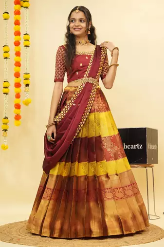 Beautiful South Indian Style Semi-Stitched Half Saree with Embroidered Blouse and Rangoli Dupatta for Women