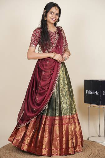 Beautiful South Indian Style Semi-Stitched Half Saree with Embroidered Blouse and Rangoli Dupatta for Women
