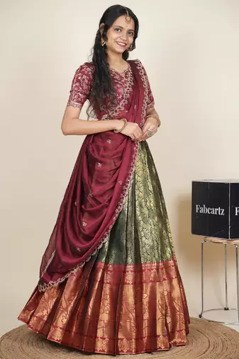 Beautiful South Indian Style Semi-Stitched Half Saree with Embroidered Blouse and Rangoli Dupatta for Women