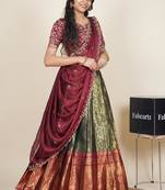 Beautiful South Indian Style Semi-Stitched Half Saree with Embroidered Blouse and Rangoli Dupatta for Women