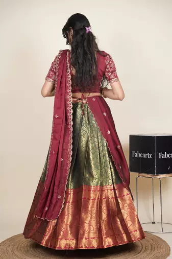 Beautiful South Indian Style Semi-Stitched Half Saree with Embroidered Blouse and Rangoli Dupatta for Women