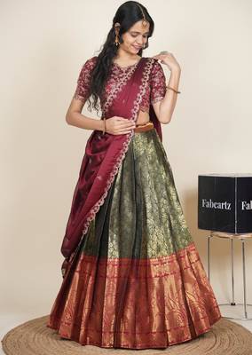Beautiful South Indian Style ed Half Saree with Embroidered Blouse and Rangoli Dupatta for Women 3