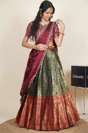 Beautiful South Indian Style Semi-Stitched Half Saree with Embroidered Blouse and Rangoli Dupatta for Women