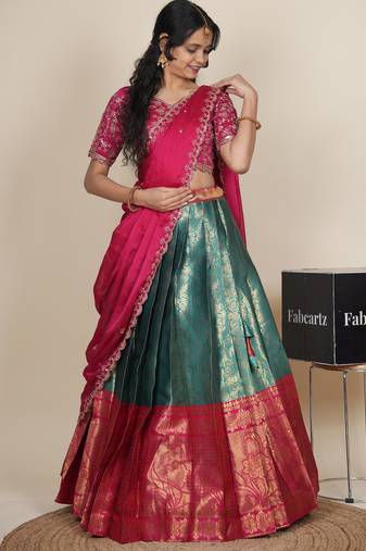 Beautiful South Indian Style Semi-Stitched Half Saree with Embroidered Blouse and Rangoli Dupatta for Women