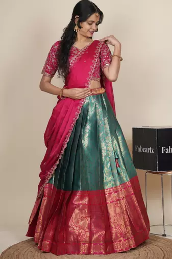 Beautiful South Indian Style Semi-Stitched Half Saree with Embroidered Blouse and Rangoli Dupatta for Women