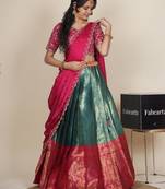Beautiful South Indian Style Semi-Stitched Half Saree with Embroidered Blouse and Rangoli Dupatta for Women